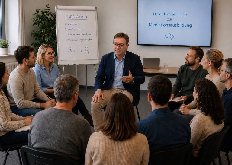 Mediationsausbildung Präsenz Gruppendiskussion mit Ausbilder Edgar Jung im Mittelpunkt, Teilnehmer hören aufmerksam zu.
